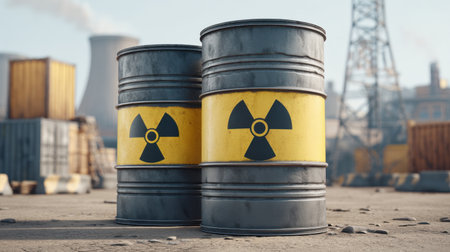 Close-up view of metal barrels marked with radioactive symbols near a power plant, showcasing industrial waste management practices in an energy production environment.の素材