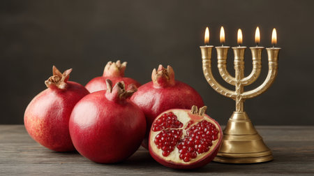 A beautiful arrangement of ripe pomegranates beside a glowing golden menorah, capturing the spirit of Rosh Hashanah and Yom Kippur in a warm, inviting atmosphere.の素材