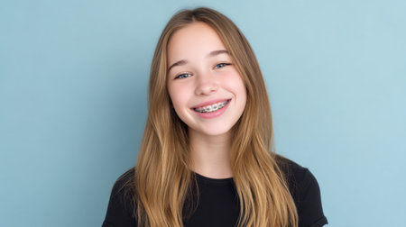 A young girl with metal braces smiles brightly, showcasing her natural expression against a soft blue background. This portrait captures youthful joy and confidence.の素材
