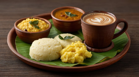 A vibrant South Indian feast served on a banana leaf featuring creamy Pongal, aromatic coffee, and flavorful lentil dishes, perfect for a traditional breakfast scene.の素材