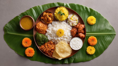 Experience the essence of Indian culture with this vibrant thali, elegantly arranged with colorful dishes, marigolds, and a fresh leaf backdrop celebrating a festive meal.の素材