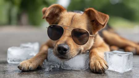 A charming dog is taking a break on ice cubes while wearing sunglasses to beat the summer heat. This playful scene captures the essence of relaxation and joy in warm weather.の素材