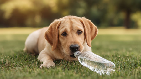 A cheerful dog relaxes on vibrant green grass, sipping water from a plastic bottle on a hot sunny day, capturing the essence of summer joy and refreshment.の素材
