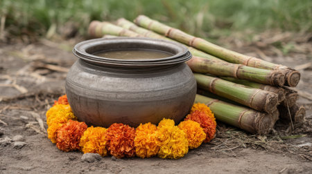 A traditional clay pot filled with water, resting on soil, surrounded by bright marigold flowers and sugarcane stalks, creating a festive and colorful scene.の素材
