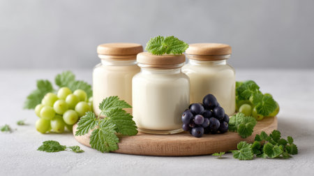 Explore a serene scene featuring jars of colostrum beside fresh grapes, embodying a wellness ritual with natural elements for a health-focused lifestyle.の素材