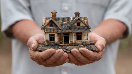 A person holds a miniature model of a burnt house, displaying intricate details against a softly blurred background. This image conveys themes of resilience and creativity.の素材