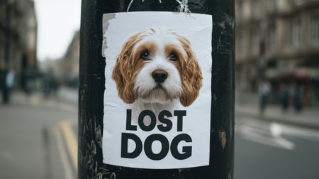 A poignant 'Lost Dog' poster showcases a dog's face taped to a lamppost in an urban setting, highlighting the emotional plea for help amidst a busy cityscape.の素材