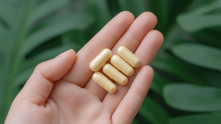 A close-up image of a hand holding yellow capsules, highlighting natural ingredients for immune support. The vibrant green background enhances the appeal.の素材