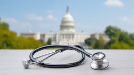 A stethoscope rests on an office table, symbolizing the intersection of healthcare and politics, with a government building in the background, emphasizing important discussions.の素材