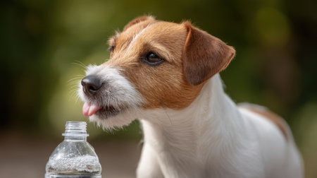 A lovely dog sipping refreshing water from a bottle on a warm outdoor day, showcasing the importance of hydration for pets during sunny weather.の素材