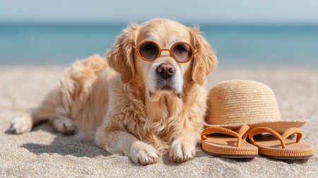 A charming dog lounging on a sandy beach, wearing stylish sunglasses next to a straw hat and flip flops. Ideal for conveying summer joy and relaxation.の素材