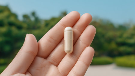 A hand holds a colostrum capsule in a serene outdoor setting, highlighting the connection between natural ingredients and immune support for overall wellness.の素材