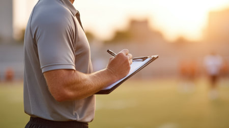 A coach diligently takes notes during a football practice session at sunset, highlighting the passion and strategy involved in preparing athletes for the game.の素材