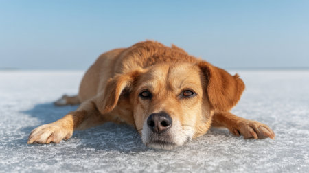 A peaceful scene featuring a dog lying on ice in a sunny outdoor setting, capturing the essence of relaxation and cooling off during warm days.の素材