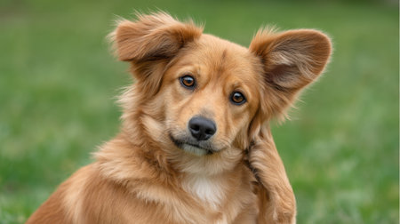 A dog scratching its ear while sitting on grass, displaying signs of itching. Ideal for discussions related to veterinary health and pet care.の素材