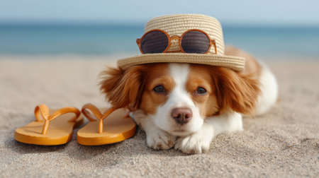 A charming dog lies peacefully on the sandy beach, sporting stylish sunglasses and a straw hat next to colorful flip-flops, embodying the perfect summer relaxation vibe.の素材