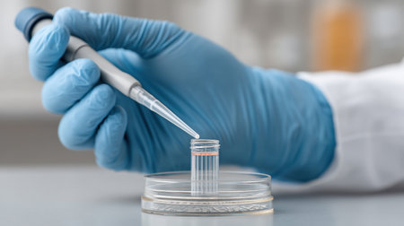 A laboratory technician in blue gloves meticulously pipetting hormone samples into a petri dish, showcasing a commitment to accuracy and clean procedures in a scientific setting.の素材