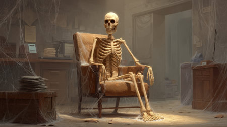 A whimsical and eerie scene of a skeleton patiently waiting in an office lobby chair, surrounded by cobwebs and dust, blending humor with a spooky atmosphere.の素材