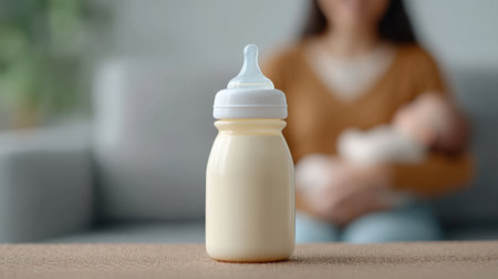 A serene image of a baby bottle in focus, with a nurturing adult and baby blurred in the background, capturing the essence of parenting and tenderness at home.の素材