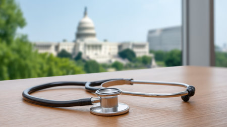 A stethoscope lies on a wooden surface with the Capitol building in the background, highlighting the intersection of healthcare reform, medicine, and policy change.の素材
