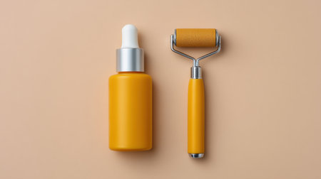 Capture the essence of skincare with a bright yellow serum bottle and roller on a soft background, ideal for promoting dermatology and beauty routines.の素材