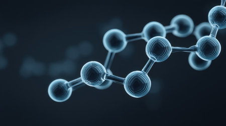 This detailed illustration showcases glowing molecular connections against a dark background. The artistic representation highlights the beauty and complexity of atomic structures.の素材