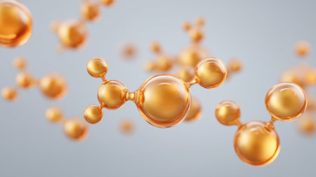 This image showcases glossy glowing molecules in warm gold and topaz hues, creating a captivating and vibrant visual effect suitable for scientific and artistic projects.の素材