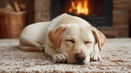 A serene scene featuring a dog peacefully napping by a crackling fire on a cozy carpet, evoking feelings of warmth and comfort in a tranquil indoor setting.の素材