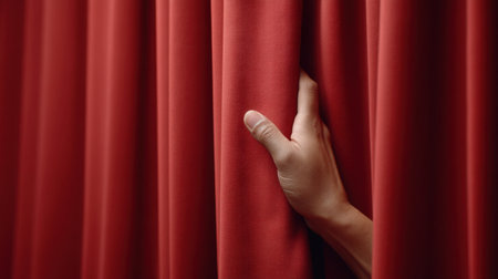 A hand delicately pulls back a plush velvet curtain, revealing a captivating theater space. The warm red tones create a dramatic and intimate atmosphere.の素材