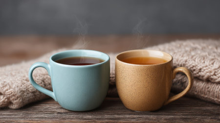 A serene setup featuring steaming cups of tea and coffee on a rustic wooden surface, accentuated by soft blankets, evoking warmth and comfort for peaceful moments.の素材
