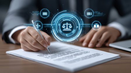 A professional reviewing legal documents with a holographic interface, showcasing futuristic technology that enhances productivity and efficiency in business environments.の素材
