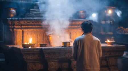 A contemplative man stands in prayer before an ancient shrine, enveloped in incense smoke, embodying the profound spiritual connection in a tranquil atmosphere.の素材