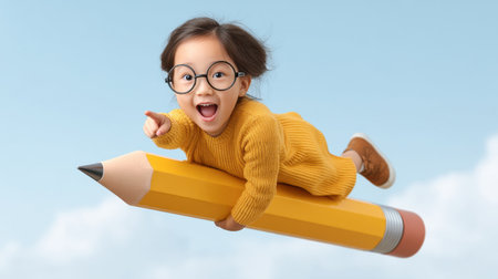 A joyful girl with glasses soars through a bright blue sky on a giant pencil, evoking imagination and the spirit of childhood adventure in a whimsical scene.の素材