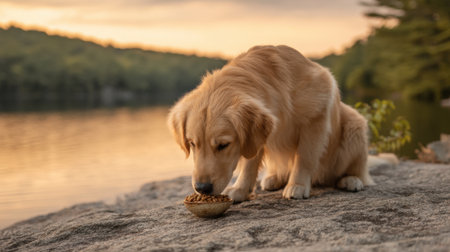 A golden retriever sits by a peaceful lake, enjoying a meal. The warm sunset creates a calm and serene backdrop, ideal for nature lovers and animal enthusiasts.の素材
