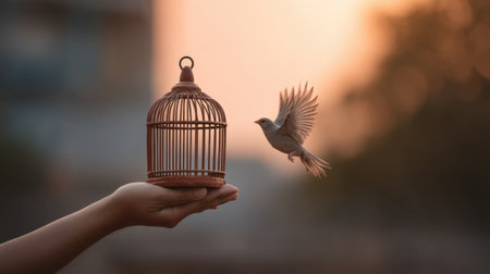 A serene moment captured at dusk, featuring a bird in graceful flight leaving a hand-held cage, symbolizing freedom and the beauty of nature's transitions.の素材