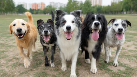 A vibrant scene of happy dogs running and playing in a spacious park, showcasing their joyful energy in a lush green environment surrounded by trees.の素材