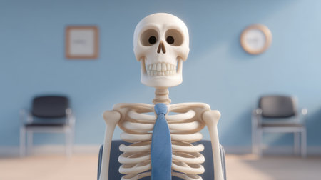 A whimsical illustration of a skeleton dressed in business attire, patiently waiting for a job interview in a modern office environment, conveying humor and creativity.の素材