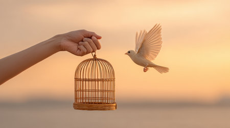 A peaceful image of a hand releasing a bird from a cage against a stunning sunset backdrop, symbolizing freedom and hope. Perfect for conveying themes of liberation and new beginnings.の素材