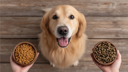 A joyful golden retriever eagerly eating from two bowls of dog food on a wooden deck. The scene is bright and natural, showcasing the dog's cheerful personality.の素材