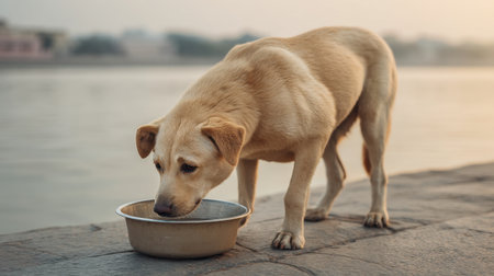 A serene image of a dog peacefully eating from a bowl beside shimmering water at dusk, capturing a tranquil moment in nature beauty and harmony.の素材