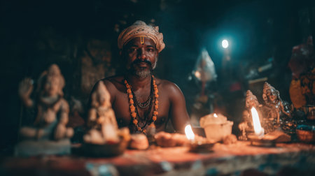 A man engages in worship, surrounded by idols of ancient gods and flickering candles, reflecting deep spirituality and reverence in a serene setting.の素材