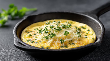 A beautifully prepared omelette featuring melted cheese and fresh herbs served in a cast iron pan. Ideal for breakfast or brunch, showcasing delicious ingredients.の素材