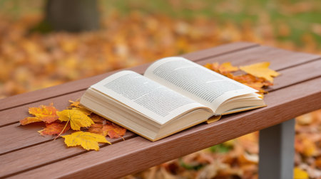 An open book rests on a park bench, adorned with vibrant autumn leaves. This serene setting invites inspiration and education, perfect for a peaceful retreat in nature.の素材