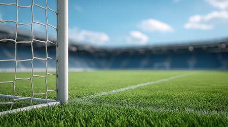 Experience the vibrant energy of a lush green soccer field within a spacious stadium, featuring a goal net and a clear blue sky, ideal for sports photography.の素材