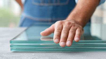 A skilled worker carefully aligns modern eco-friendly glass panels for installation, highlighting craftsmanship in a bright, contemporary interior setting.の素材