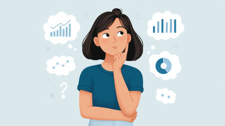 A young woman is deep in thought, surrounded by visual elements representing data and statistics. This illustration captures the essence of analysis and decision-making in a professional setting.の素材