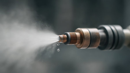 A detailed close-up image of a diesel injector spraying a fine mist under high pressure. Ideal for technical and engineering uses, showcasing precision industrial equipment.の素材