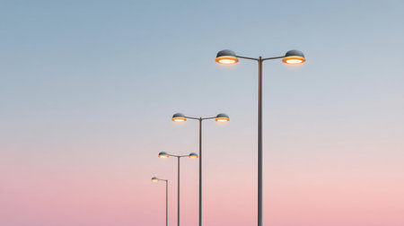 A captivating image showcasing modern streetlights glowing softly against a twilight sky. The serene ambiance and minimalist design evoke peace and tranquility in an urban landscape.の素材