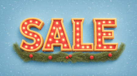 Bright and festive sale advertisement featuring large lighted letters on a snowy background, surrounded by garlands, perfect for holiday marketing and promotions.の素材