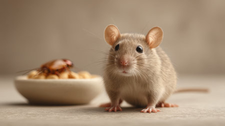 This image showcases a curious gray mouse in a playful pose, with a bowl of food and cockroaches nearby, highlighting animal behavior and urban wildlife interactions.の素材
